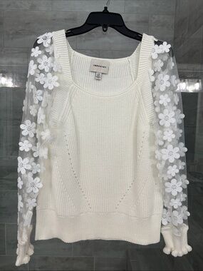 INDUSTRY Cream Scoop Neck Sweater with Floral Mesh Sleeves